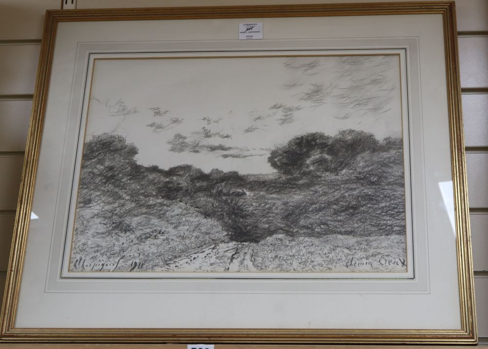 Henri J. Harpignies (1819-1916), charcoal drawing, Chemin Creux 1911, signed and dated with Fine Art Society label verso, 37 x 51.5cm